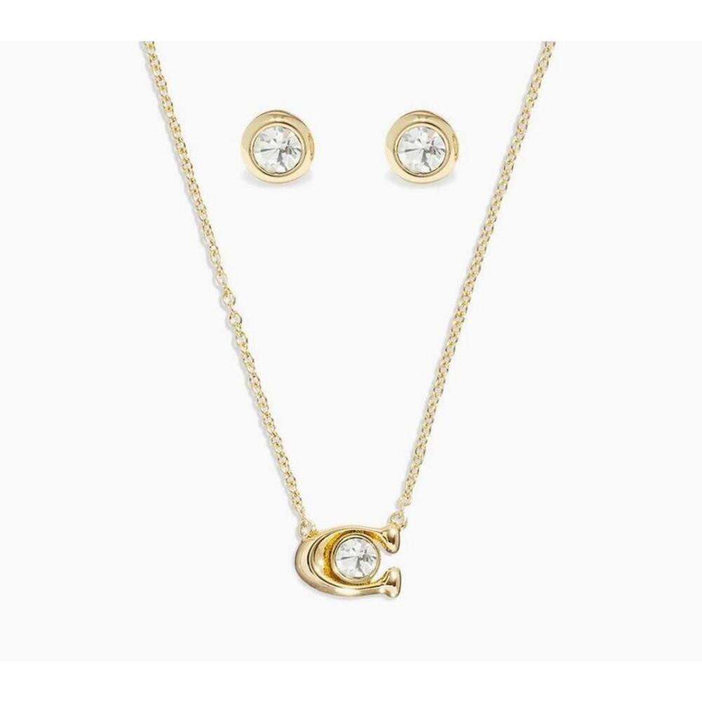 Coach Signature C Necklace & Stud Earrings Set Gold Tone Crystal Logo New - Picture 1 of 5